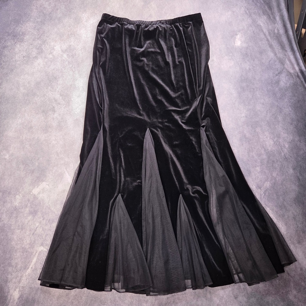 Xscape Maxi Skirt Women XL Black Velvet Morticia Adams Mesh Godet Goth Evening